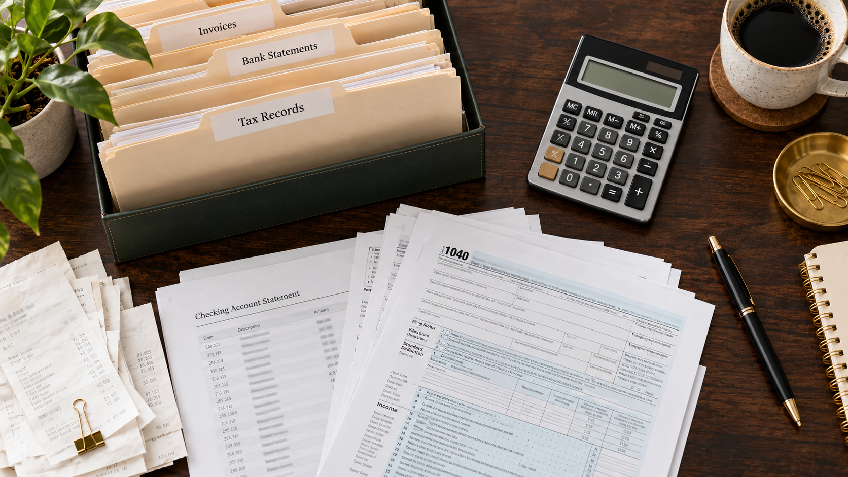 Organized tax records, bank statements and receipts ready for review