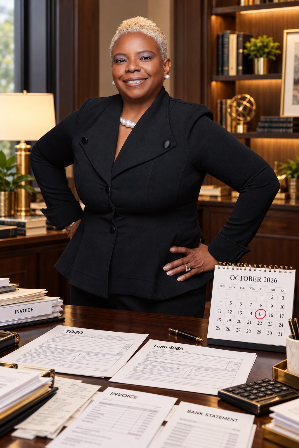 Robben Washington standing behind a dark wood desk with Form 1040, Form 4868, invoices, a bank statement, a calculator, and an October 2026 calendar with the 15th circled